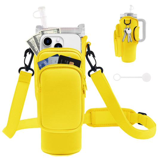 JEBEALUO Water Bottle Carrier Bag with Phone Pocket for Stanley Cup 40/30 oz, Water Bottle Holder with Adjustable Strap& Straw Cover, Stanley Cup Accessories (Yellow)