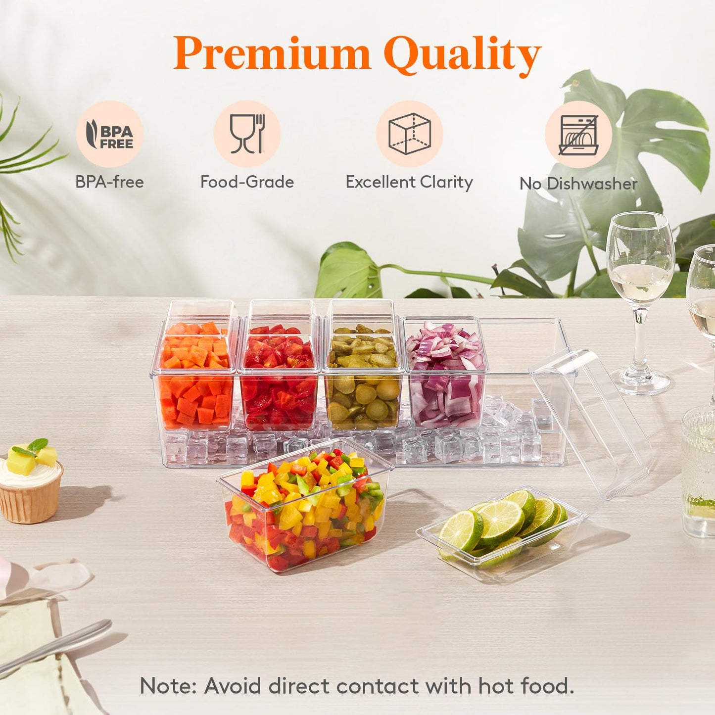 Lifewit Ice Chilled Condiment Caddy with 5x 20oz(2.5 cup) Containers, 15.3" Condiment Server with Separate Lids, Serving Tray Platter with Removable Dishes for Bar, Fruit, Salad, Taco, Party Garnish