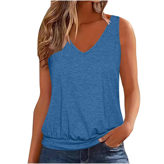Womens Summer Tops Dressy Casual Banded Bottom Tank Tops Loose Fit V Neck Sleeveless Solid Basic Tee Shirts Blouses My Orders My Orders Lightning Deals of Today Prime of Day Deals Today 2024 Blue