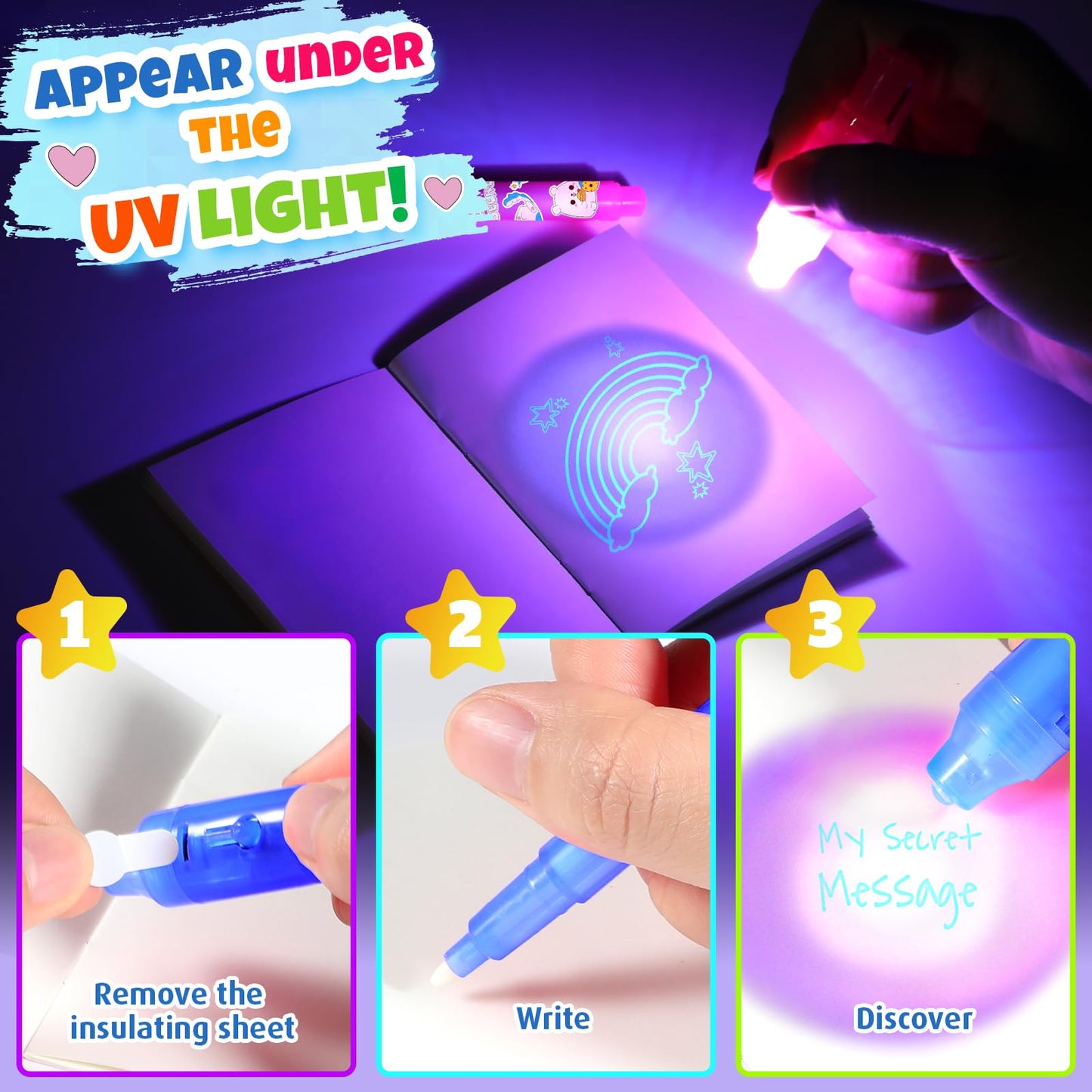 GIFTINBOX Invisible Ink Pen with UV Light for Kids, 24PCS Spy Pen Party Favors for Kids 8-12, Magic Marker for Secret Message, School Supplies Birthday Goody Bag Stuffers for Boys Girls