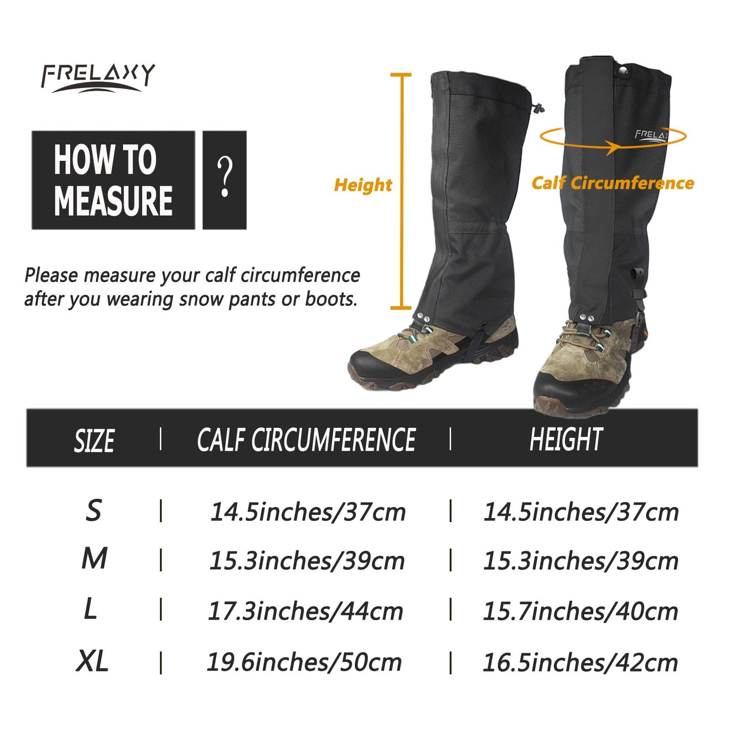 Frelaxy Leg Gaiters Ultra HIGH-Performance Hunting Gaiters, 100% Waterproof Hiking Gaiters with Upgraded Rubber Foot Strap, Adjustable Snow Boot Gaiters (Jet Black,M)