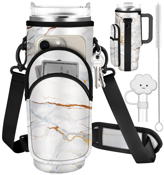 Toykee Water Bottle Holder Carrier Bag for Stanley 40 OZ Tumbler with Strap Phone Pocket, White Wrap Around Drink Cup Purse Pouch with Straw Cover Cleaner Brush Accessories Marble Print