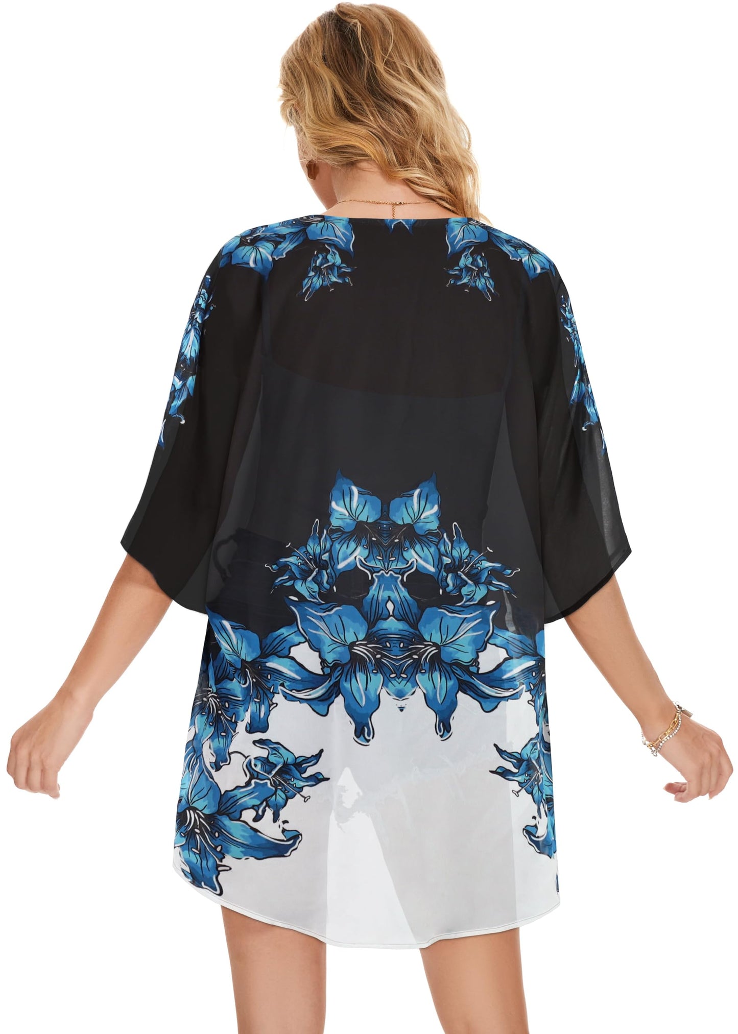 Women's Floral Print Puff Sleeve Kimono Cardigan Loose Cover Up Casual Blouse Tops(Black Blue Floral,S)