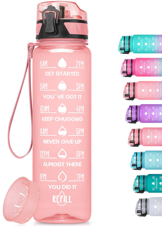 MEITAGIE 32oz/26oz Motivational Water Bottle with Time Marker & Fruit Strainer, Leak-proof BPA Free Non-Toxic 1l Bottle with Carrying Strap, Perfect for Fitness, Gym and Outdoor Sports Plastic
