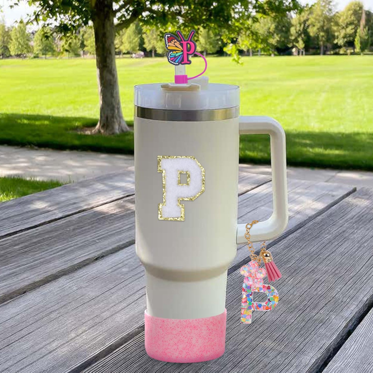 LA KEN DU Use for Stanley Cup Accessories Charms 40oz 30oz,Compatible with Stanley Cup Letter Charms for Handle Silicone Boot,Straw Cover Topper & Sticker(P)