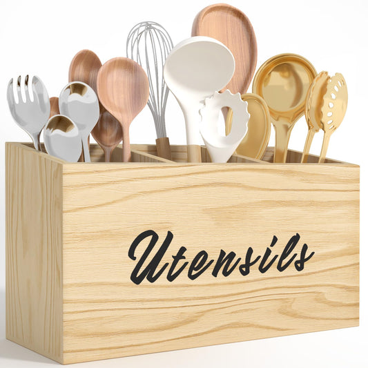 REFGY Wooden Kitchen Utensil Holder, Flatware Utensil Caddy with 3 Compartments, Utensil Caddy for Parties, Storage Organizer Box for Kitchen Counter & Silverware, Natural
