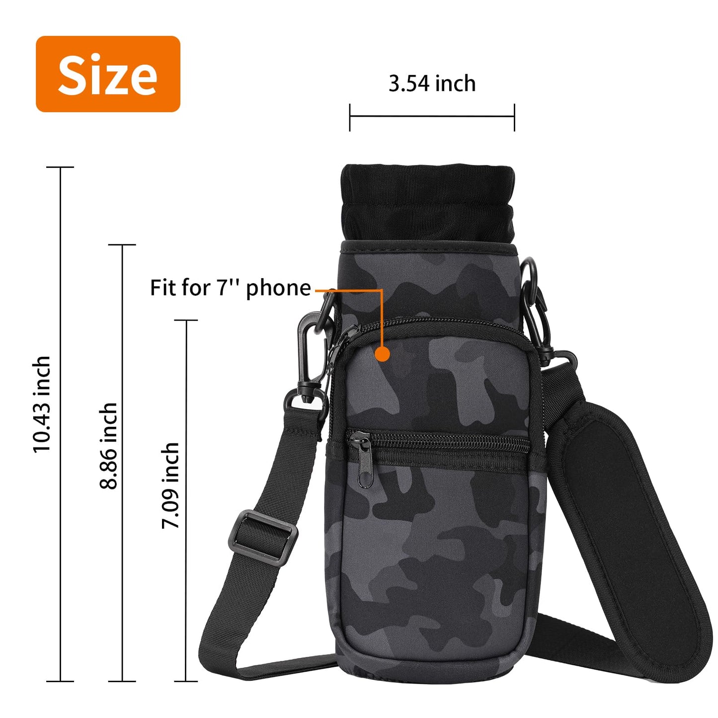 AceTreker 32 oz 40 oz Water Bottle Carrier, Neoprene Water Bottle Holder with Strap & Paracord Handle, Sport Bottle Sleeve Sling Bag with 2 Pocket for Travelling, Walking, Camping-Gray Camo
