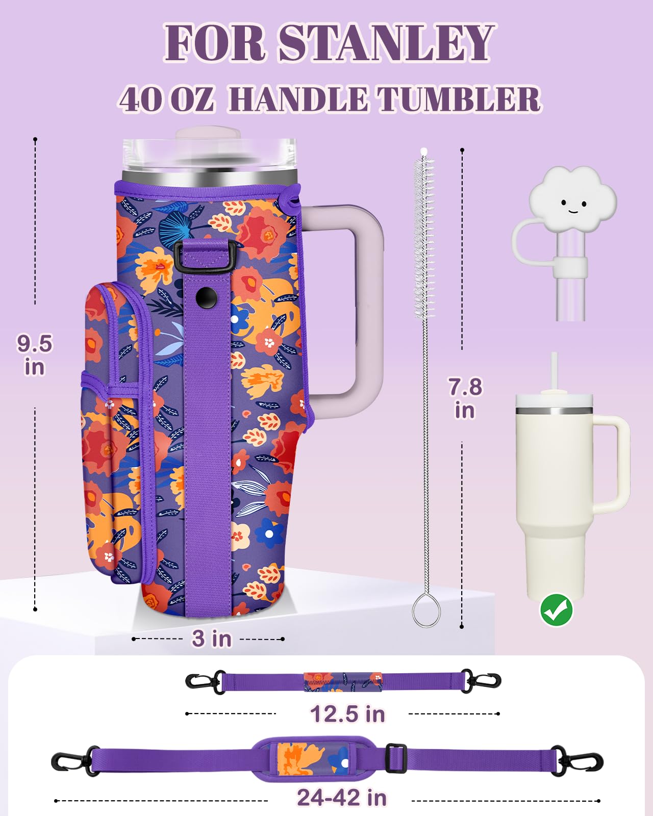 Toykee Water Bottle Holder Carrier Bag for Stanley 40 OZ Tumbler with Strap Phone Pocket, Purple Wrap Around Drink Cup Purse Pouch with Straw Cover Cleaner Brush Accessories Flower Print