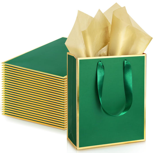 Yeaqee 24 Pack Metallic Paper Gift Bags with Handle and Tissue 9x7x3.1 Gold Foil Welcome Favor Bags Return Gifts for Wedding Fall 5 Senses Christmas Bridesmaid Birthday(Green Gold)