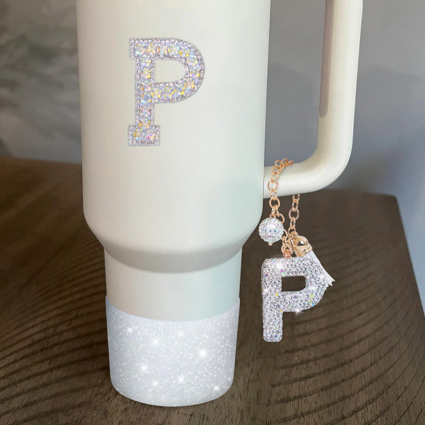 Letter Charms for Stanley Cup Handle,Silicone Boot Accessories Charms for Stanley Cup 40oz 30oz,Crown Straw Cover Topper & Diamond Sticker(P)