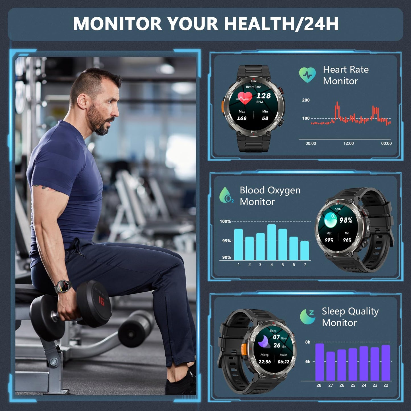 Military Smart Watch for Men, 100 Days Battery/Led Flashlight/Compass/2 Straps/IP68 Waterproof Smart Watches for Men, Tactical Smart Watch Outdoor, Answer/Make Calls Fitness Tracker for iPhone/Android