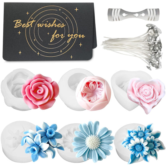 6Pcs Flower Candle Silicone Mold 3D Flower Resin Candle Molds for Candle Making with Wicks DIY Soap Wax Resin Craft Mould Home Art Decoration Box Packaging