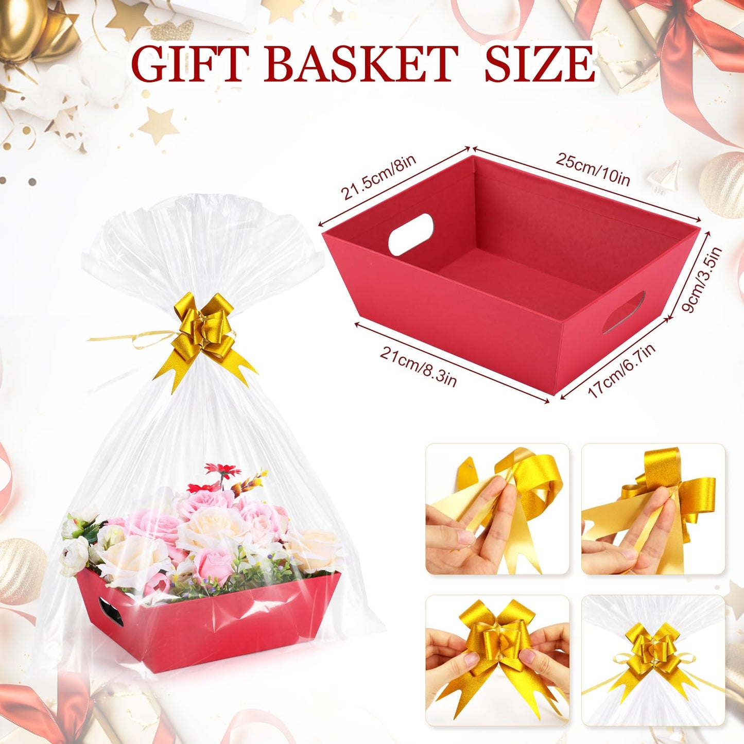 AFOROEOA 10PACK Baskets For Gifts Empty, 10 x 8”Thick Red Gift Basket with 10 Clear Gift Bags and 10 Pull Bows, Empty Gift Baskets for Christmas, Thanksgiving Wedding Birthday Party Wrapping Gift