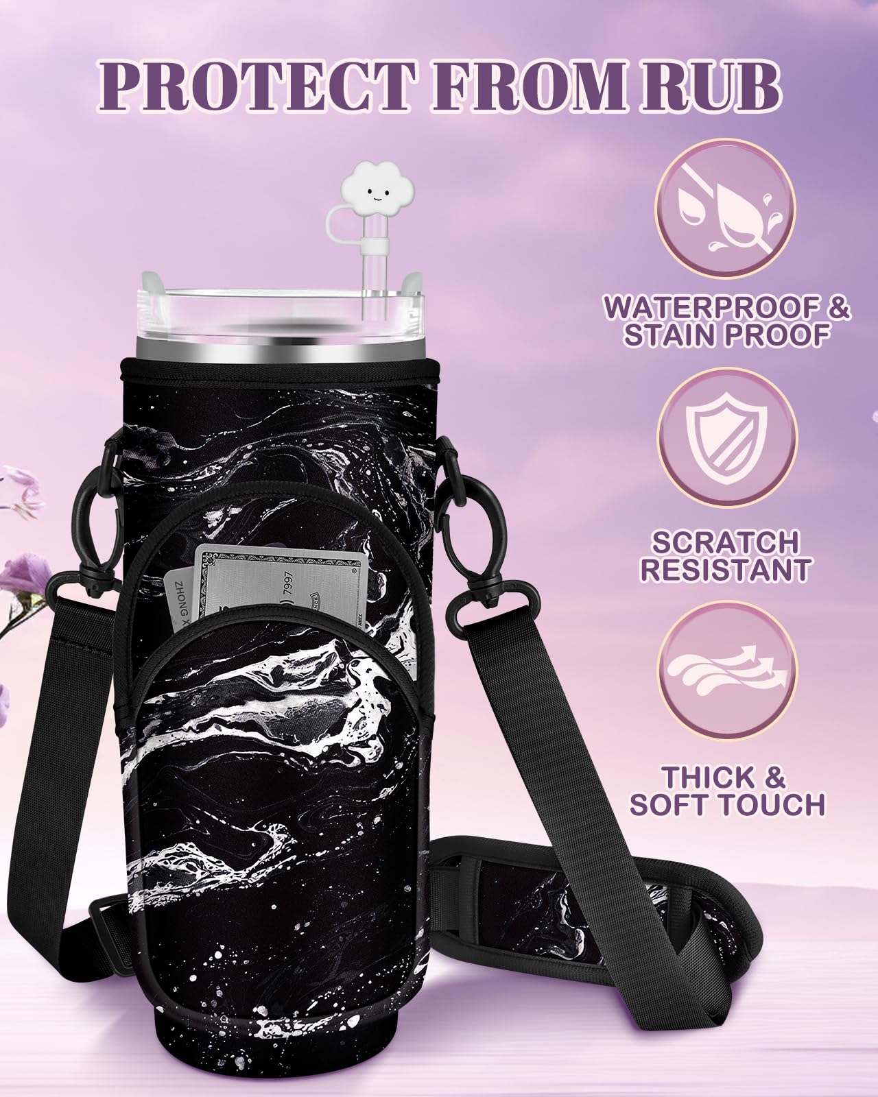 Toykee Water Bottle Holder Carrier Bag for Stanley 40 OZ Tumbler with Strap Phone Pocket, Black Wrap Around Drink Cup Purse Pouch with Straw Cover Cleaner Brush Accessories Marble Print