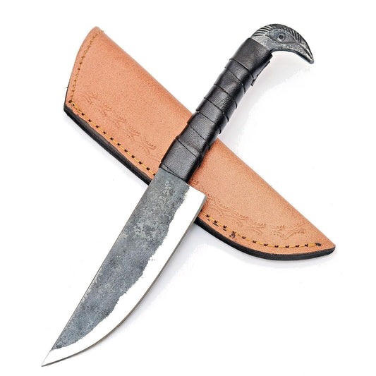 Hunting Knife Fixed Blade Raven Head Hand Forged Viking Knife, High Carbon Steel Blade, EDC Full Tang Outdoor Activities, Camping, Skinning Hiking Knife, Bushcraft Knife, Belt Loop Leather Cover