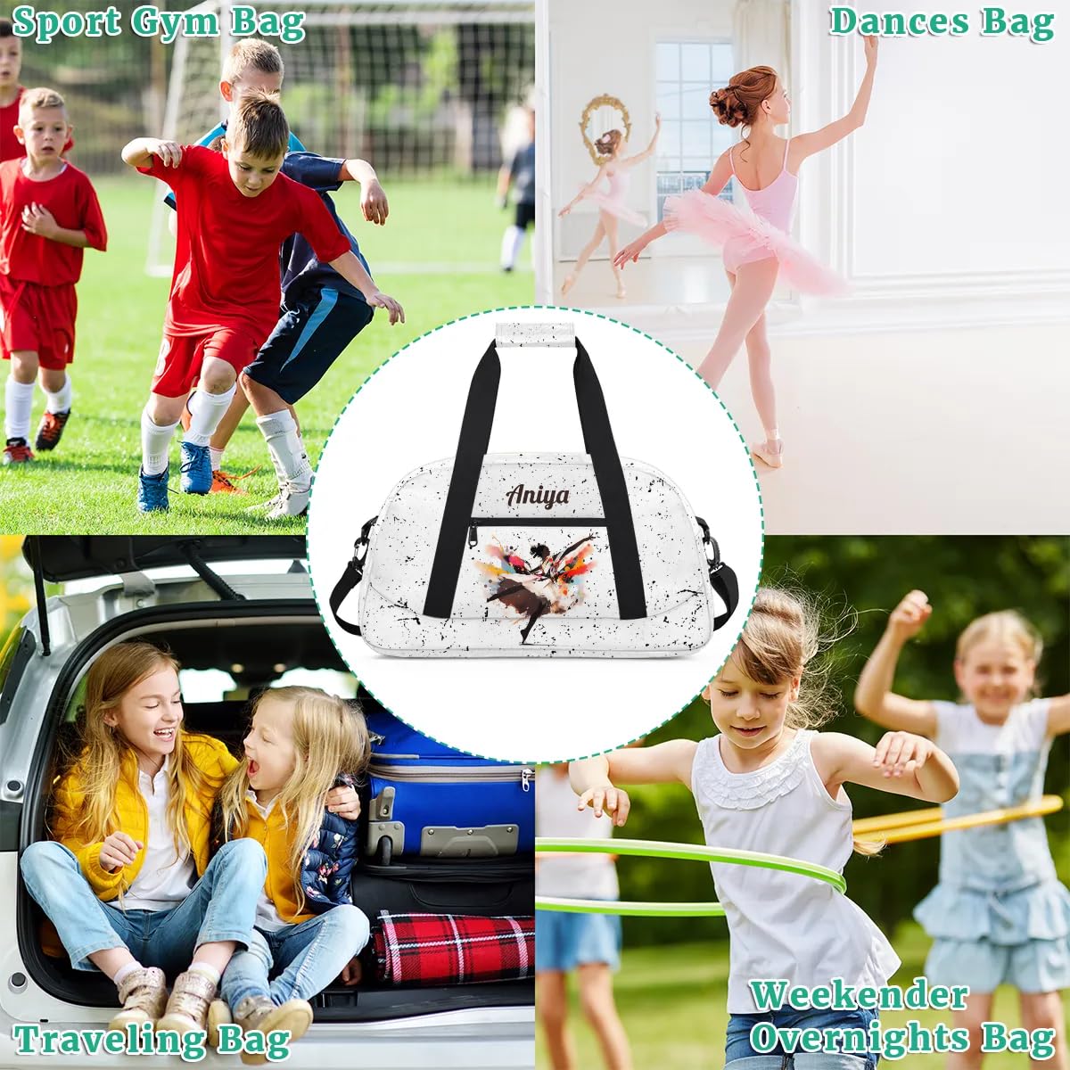 Personalized Gym Bag for Kids Girls, Black Girls Dance Custom Small Duffel Bag with Padded Handles Carry On Weekend Travel Bag for School Practice Ball Games