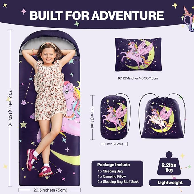 Sleeping Bag for Kids Girls Boys, Warm Weather Sleeping Mat with Pillow for Camping Backpacking Hiking Daycare School Travel, Ultralight, Durable, Water-Resistant, Easy Carry and Pack