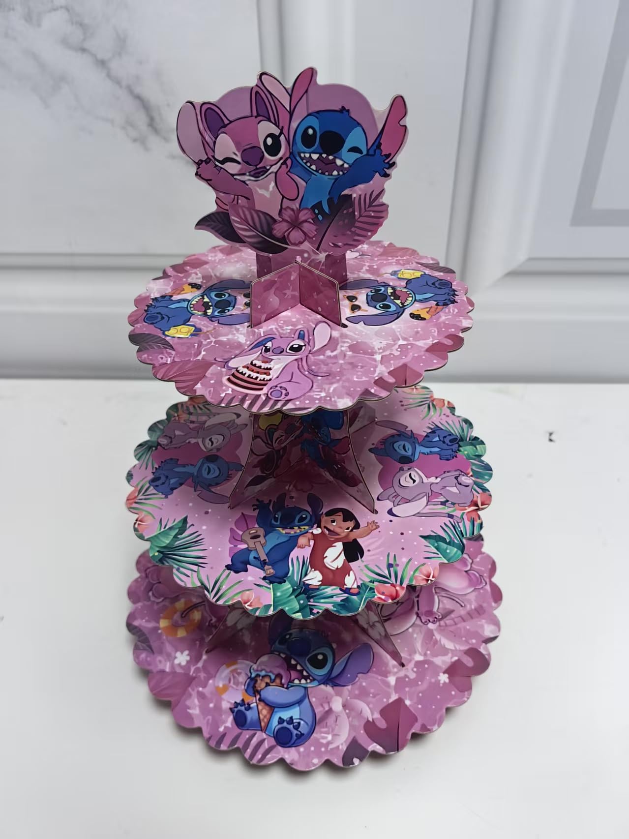 3-Tier Cupcake Stitch Pink Stand with 24Pcs Cupcake Toppers Stitch Birthday Decoration Party Supplies