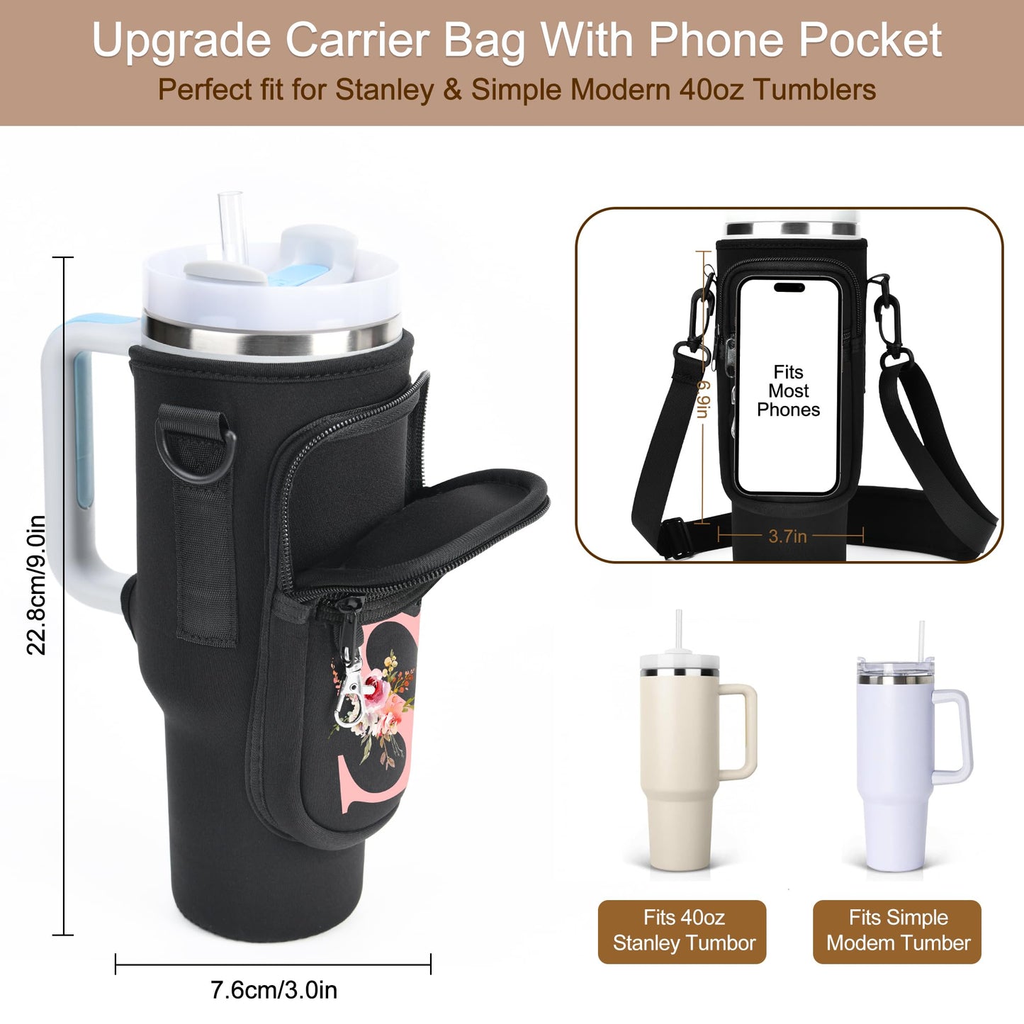 Initial Water Bottle Holder with Strap for Stanley 40 oz Tumbler/Simple Modern 40 oz Tumbler,Water Bottle Carrier Bag with Strap,Personalized A-Z Phone Pocket for Stanley Cup Accessories
