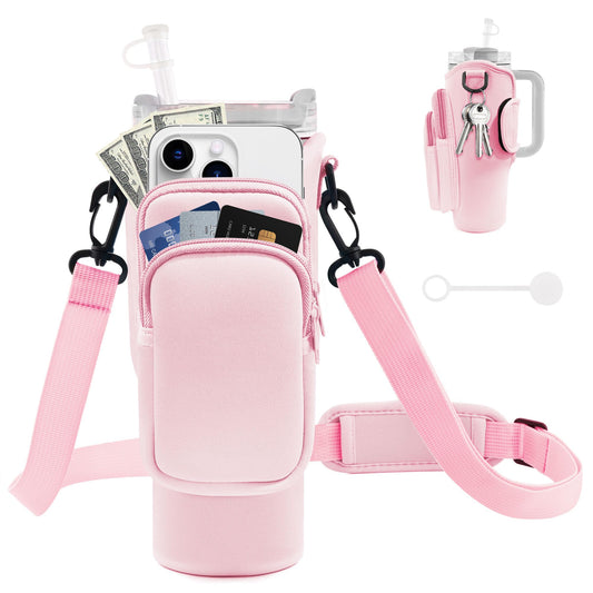 JEBEALUO Water Bottle Carrier Bag with Phone Pocket for Stanley Cup 40/30 oz, Water Bottle Holder with Adjustable Strap& Straw Cover, Stanley Cup Accessories (Pink)