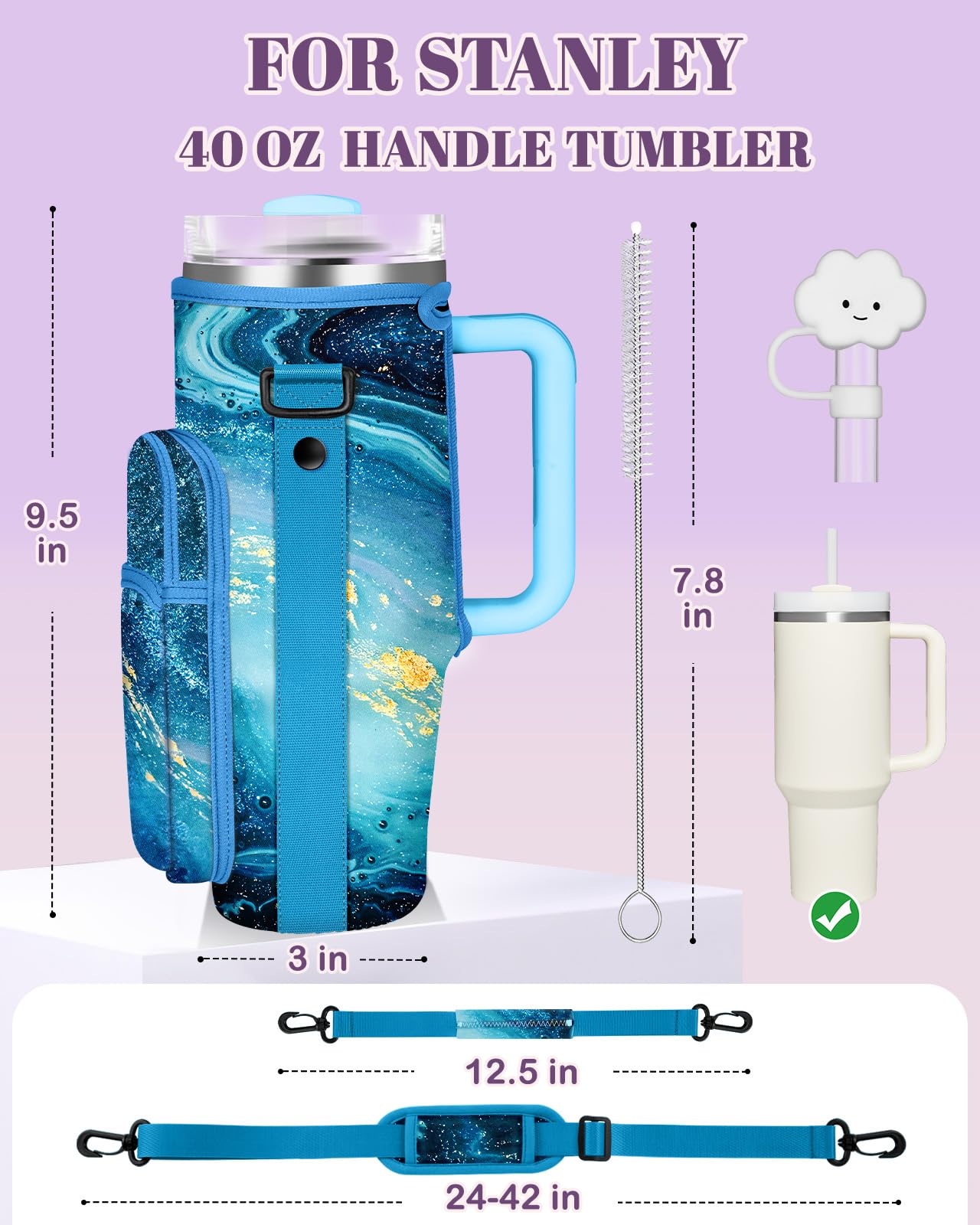 Toykee Water Bottle Holder Carrier Bag for Stanley 40 OZ Tumbler with Strap Phone Pocket, Blue Wrap Around Drink Cup Purse Pouch with Straw Cover Cleaner Brush Accessories Marble Print