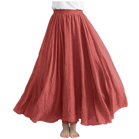 Womens Linen Maxi Skirts Summer Boho Solid Beach Elastic High Waist Pleated A-Line Flowy Swing Long Maxi Skirts