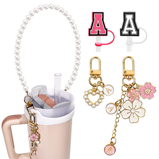 Lingdeer Water Bottle Handle with 2Pcs Letter Charms & 2Pcs Personalized Initial Straw Cover Toppers, Water Bottle Holder Lanyard Sling Carrier Strap, Suitable for 30&40 Oz Stanley Cup Accessories (A)