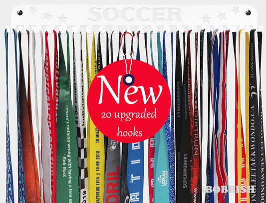 iBobbish Soccer Sports Medal Holder Hanger Display Rack with 20 Hanging Hooks,Soccer Medal Holder For Wall with 16inchL,Upgraded Soccer Medal Holder with Simple Design For Girls & Boys white