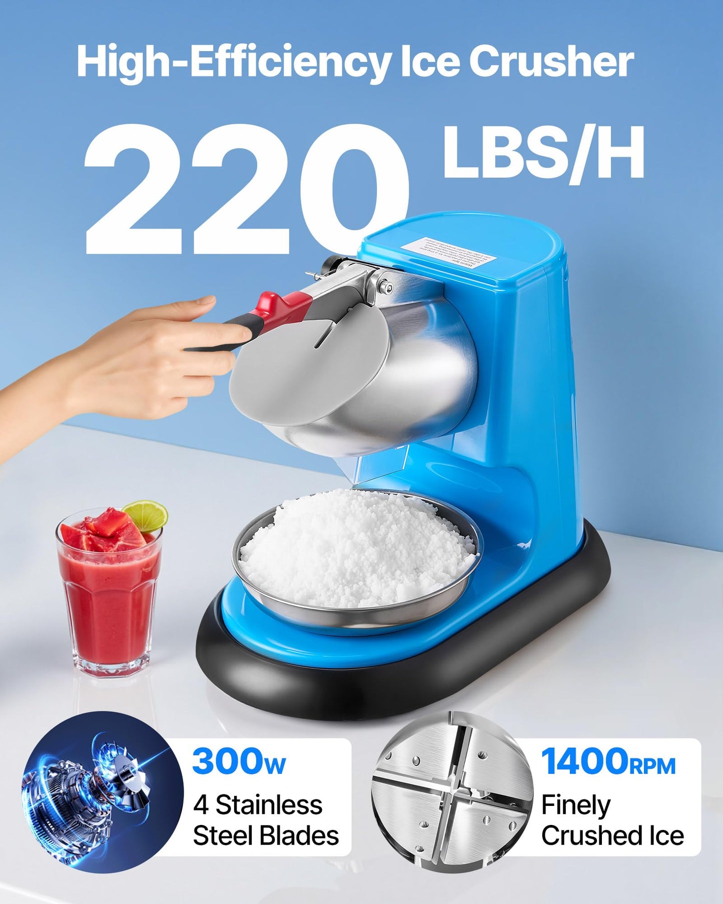 VEVOR Ice Crusher Machine, 220lbs Per Hour Electric 4 Blades Snow Cone Maker, Stainless Steel Shaved Ice Machine with Bowl and Cover, 300W 1400RPM Ice-Shaver for Home and Commercial Use, Blue