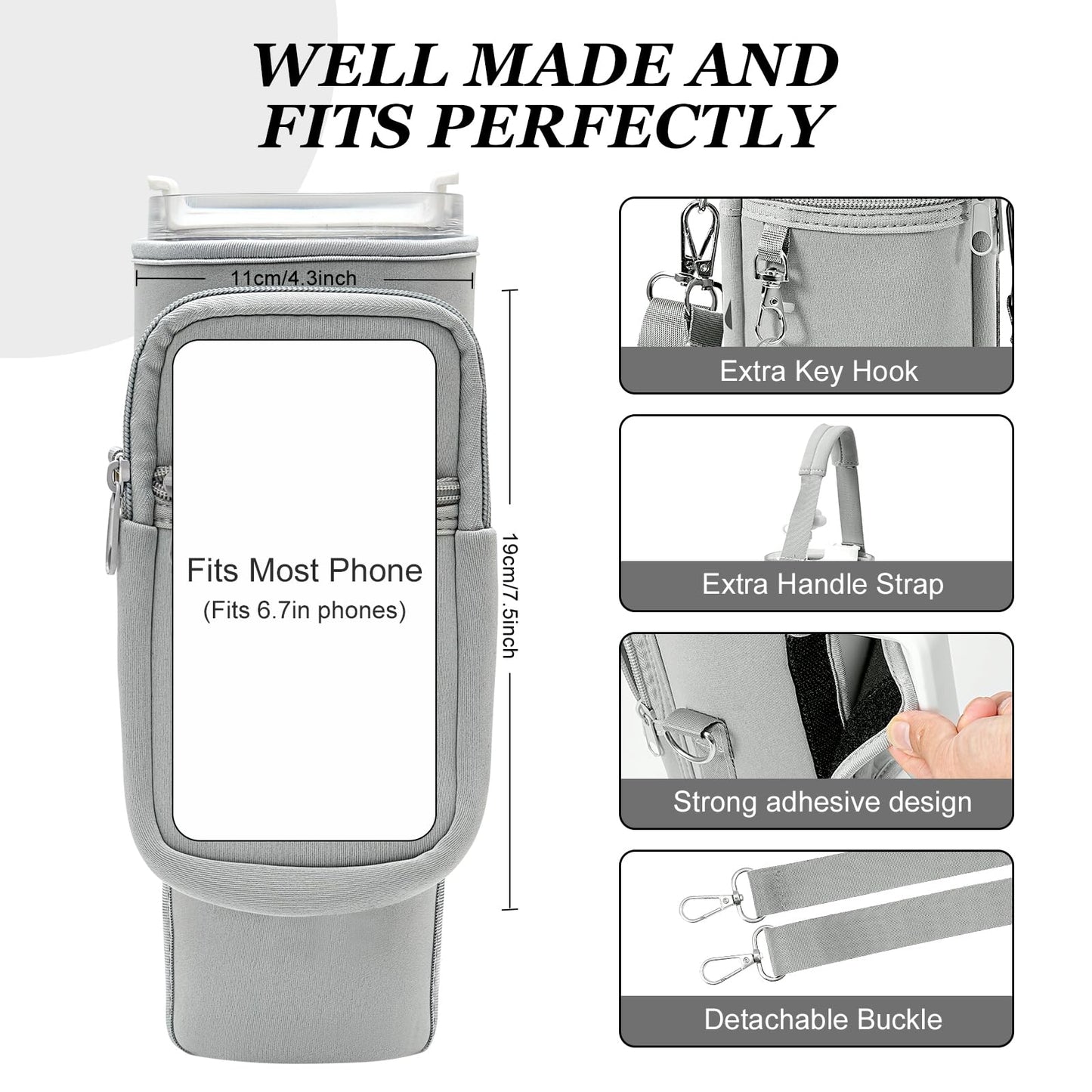 PRAGATISM Water Bottle Holder with Strap Pouch and Handle fits for Stanley 40/30 oz Tumbler, Water Bottle Carrier Bag with 4.9FT Strap, Bottle Pouch for Stanley Cup Accessories (Grey)