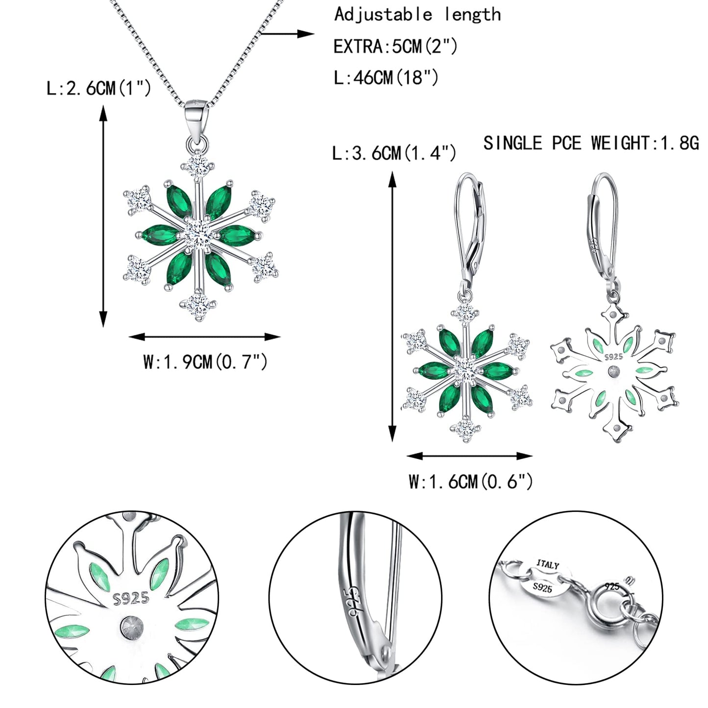 EVER FAITH Snowflake Jewelry Set Sterling Silver Winter Accessory Sparkle Green CZ Flower Necklace Leverback Earrings Sets