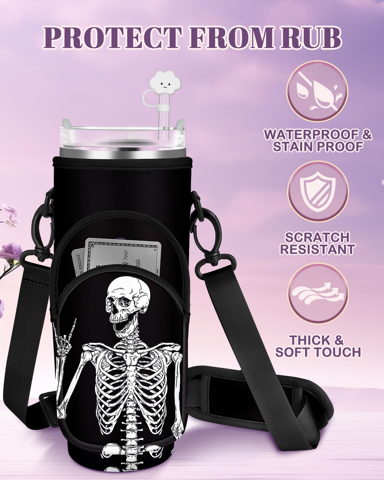 Toykee Water Bottle Holder Carrier Bag for Stanley 40 OZ Tumbler with Strap Phone Pocket, Black Wrap Around Drink Cup Purse Pouch with Straw Cover Cleaner Brush Accessories Skeleton Print