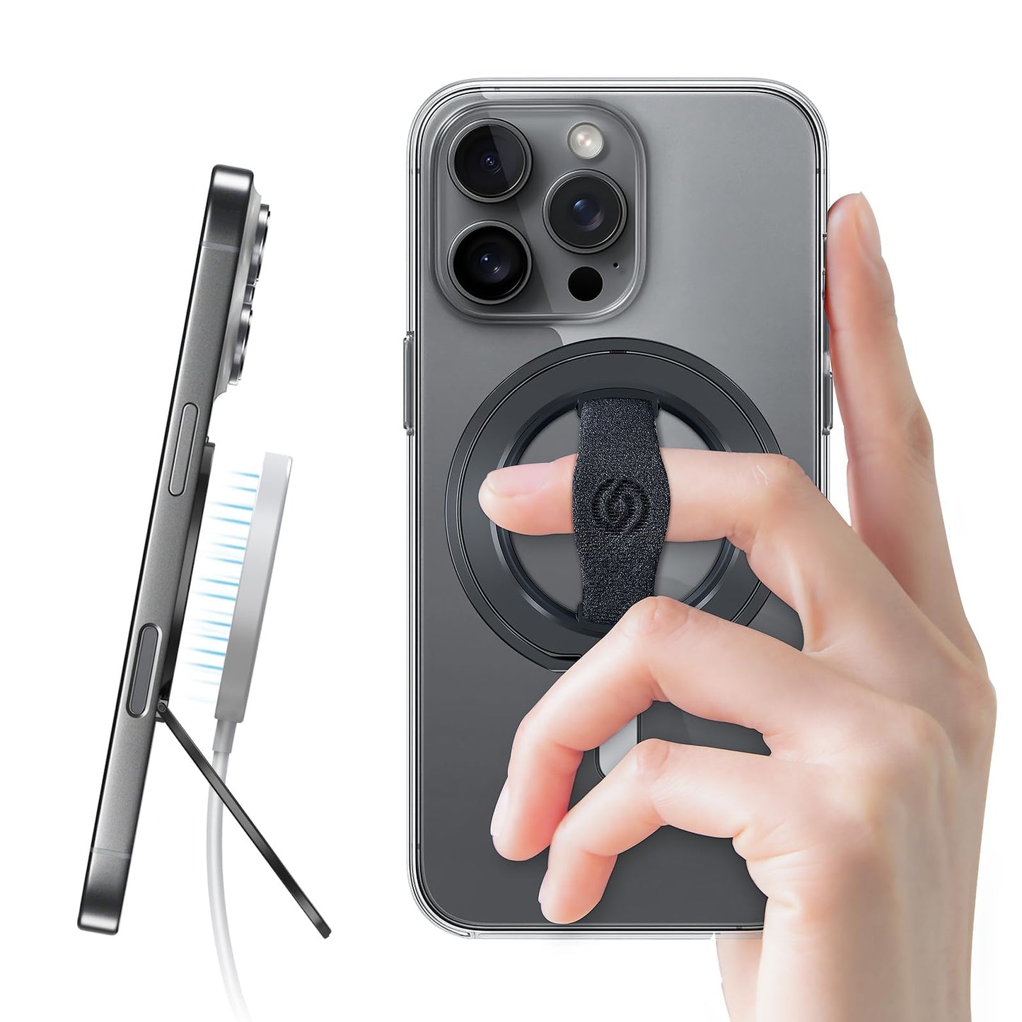 EWA MagOne 3rd Gen [Compatible with MagSafe] Phone Grip Stand with Finger Strap, Removable Magnetic Ring Holder Kickstand Loop for iPhone 16,15, 14, 13, 12 Series-(Black)