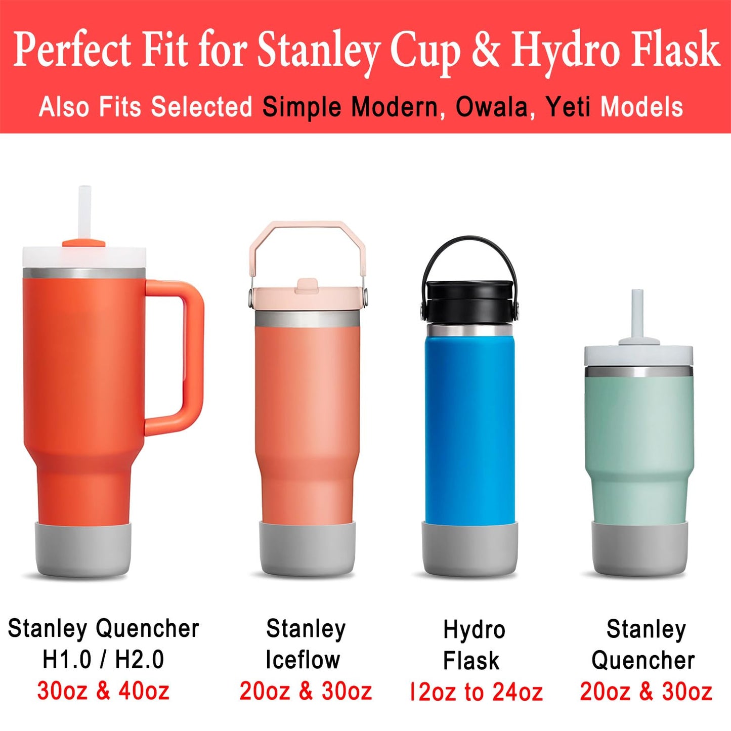 KTKUDY 2Pcs Silicone Boot for Stanley Quencher Tumbler H2.0 30 oz 40 oz & IceFlow 20 oz 30 oz & Intended for Hydro Flask Water Bottle 12-24 oz - Protective Cup Bottom Accessories Fits Stanley Cup
