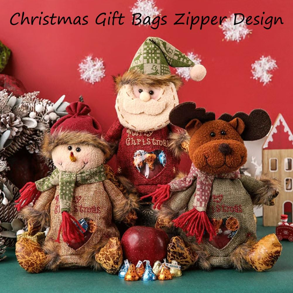 Christmas Gift Bags Zipper Design, 3D Christmas Gift Doll Bags, Snowman Santa Elk Christmass Gift Bags, Large Space Zipper Design Santa Snowman Doll Storage Bag for Candy and Gift (6Pcs Mix)