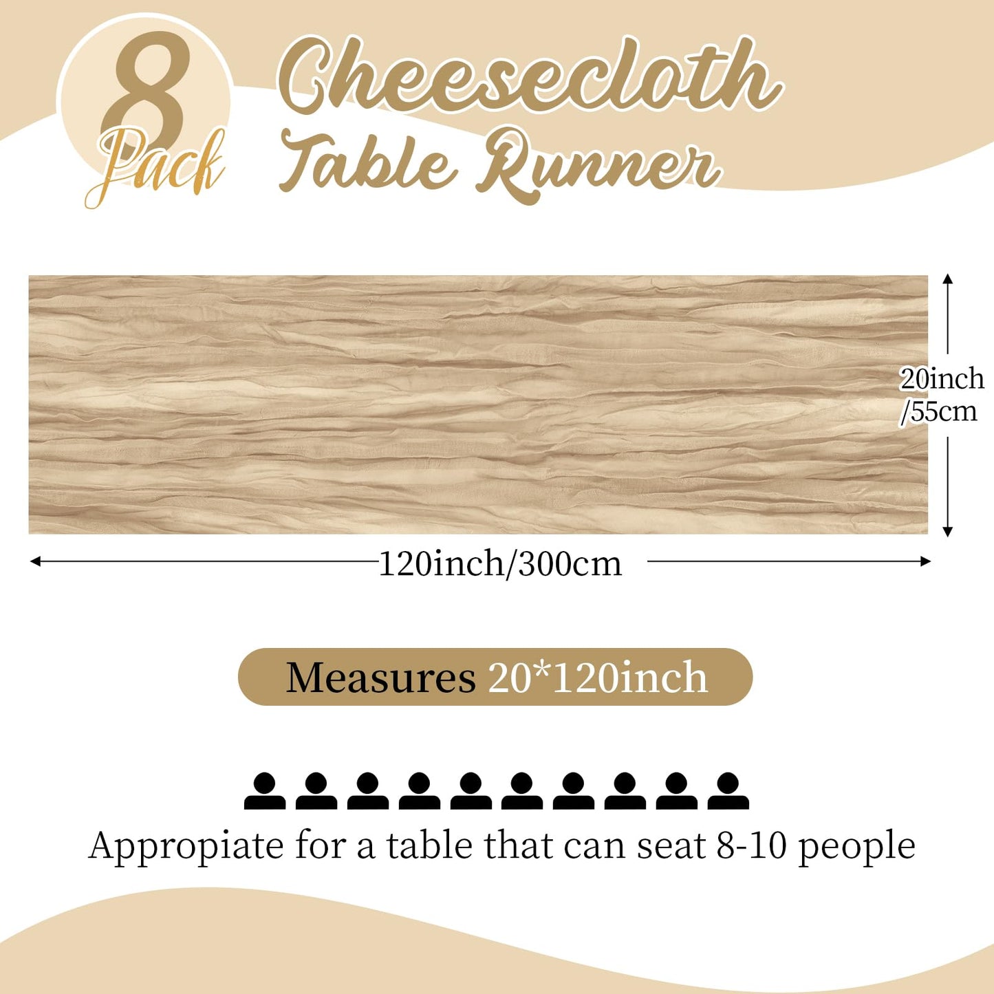 8 Pack Beige Cheesecloth Table Runners 20x120 Inch Gauze Table Runner Cheese Cloth 10FT Beige Table Runner Rustic Sheer Runner for Wedding Birthday Party Baby Shower Table Decor
