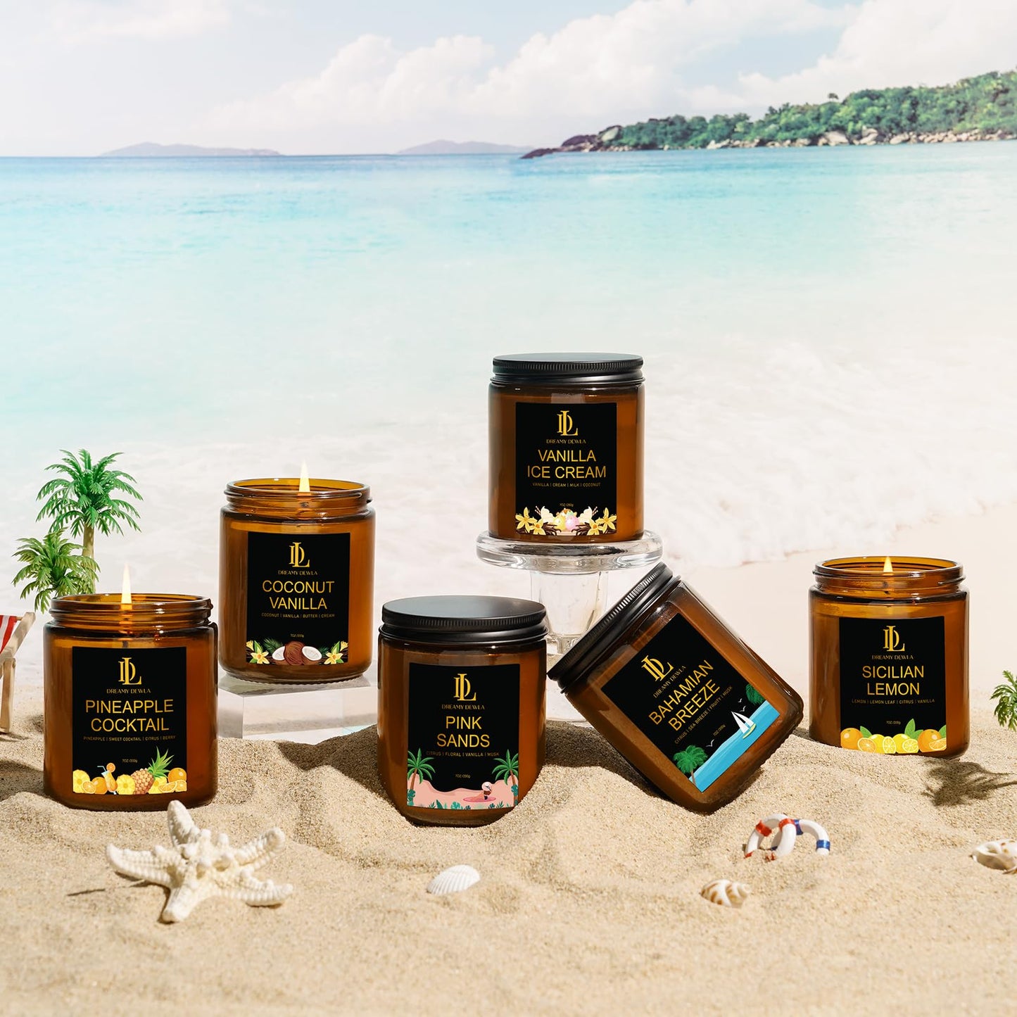 6 Pack Scented Candles Set, 42oz 300 Hour Long Lasting Candle, Soy Candles for Home Scented, Scents of Pink Sands/Coconut Vanilla/Bahama Breeze/Pineapple Cocktail/Sicilian Lemon/Vanilla Ice Cream