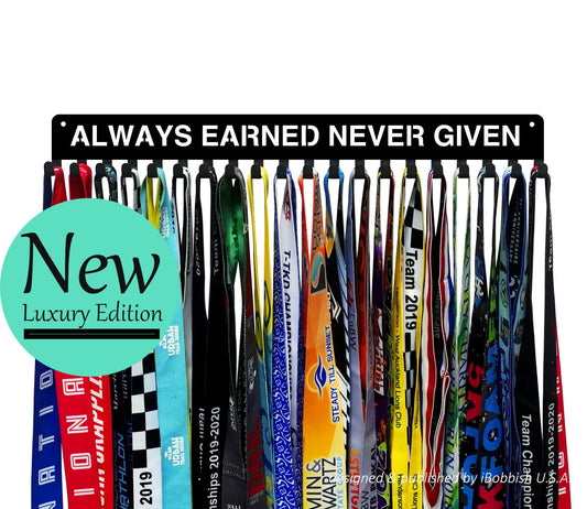 iBobbish Premium Medal Holder Hanger Display for wall ALWAYS EARNED NEVER GIVEN with 20 Hooks,race medal display Upgraded Medal Holder display with Simple Design for gymanstics,race,soccer,swim