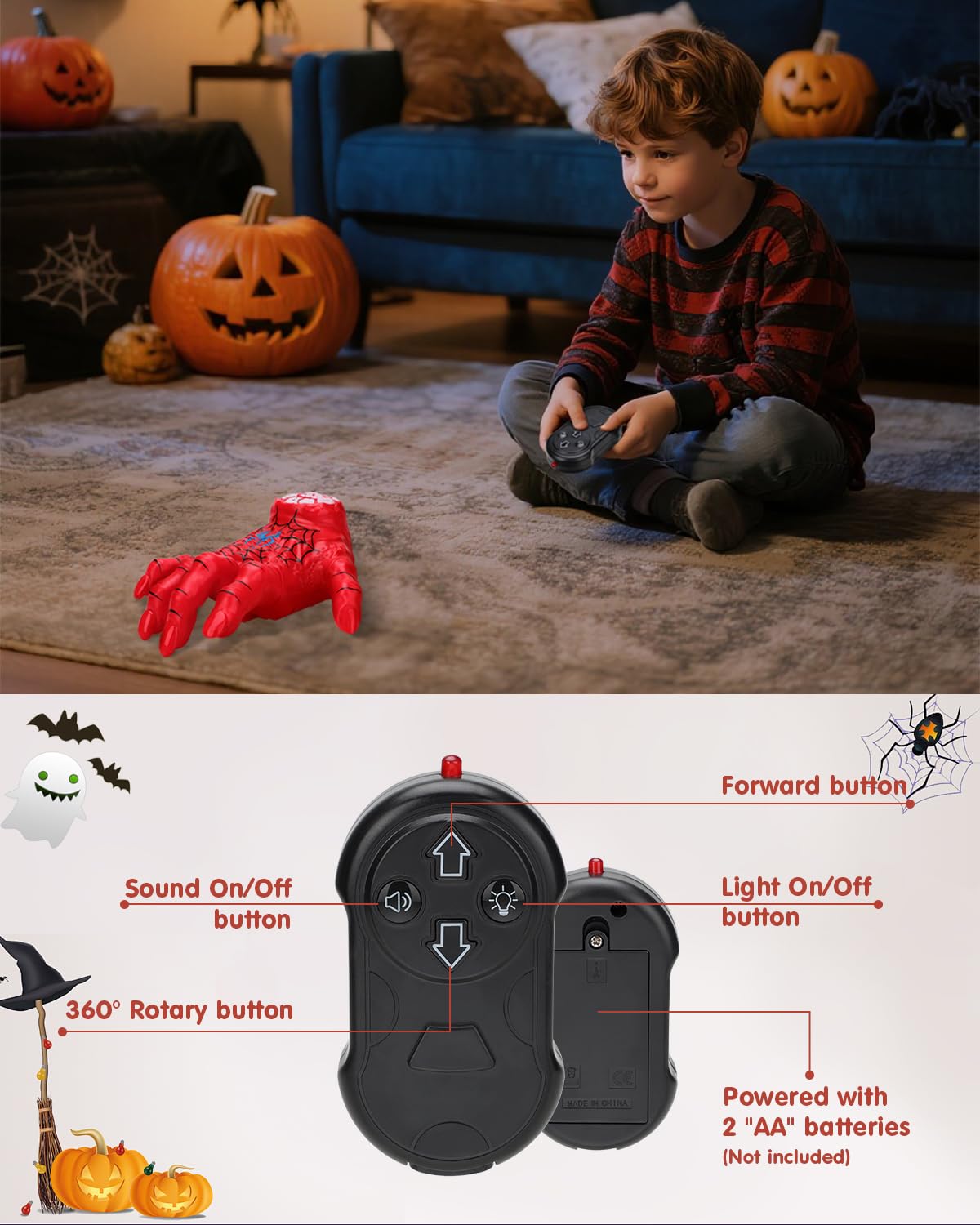 Humzo Halloween Crawling Thing Hand – Spider Hero Model, Remote Control Toy with Spooky Sound & LED Light, Quick-Move, Battery Powered Gift for Kids Birthday Holiday