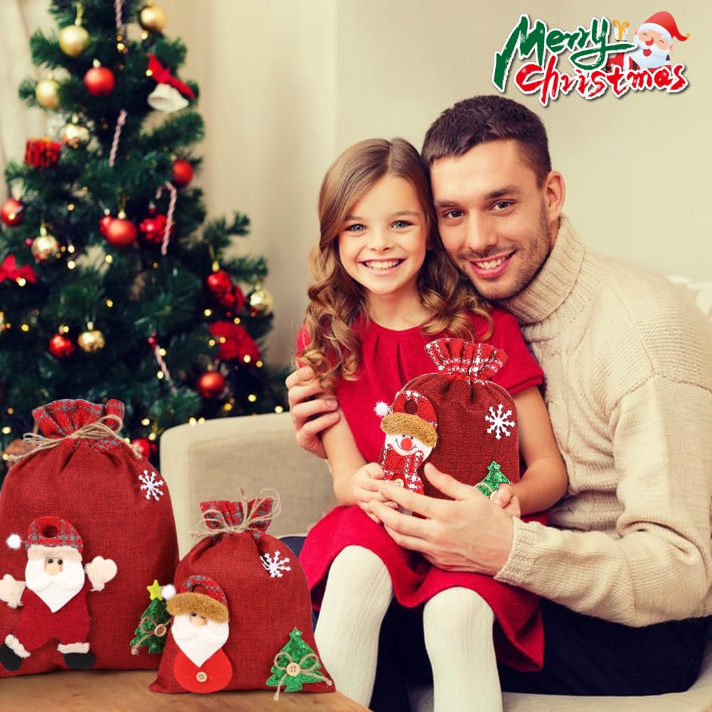 HRX Package 3D Christmas Gift Bags, 16x11 10.5x8 inch Xmas Drawstring Wrapping Bags Pouches for Holiday Goodie, Presents, Stocking Stuffers (5pcs)