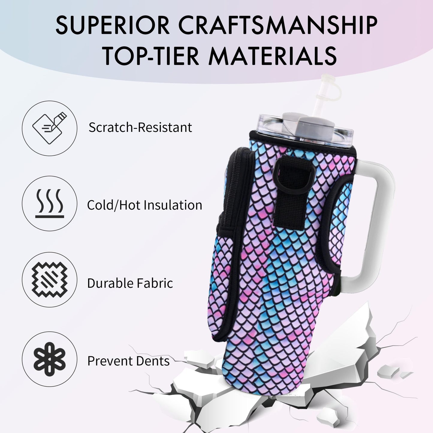 JEBEALUO Water Bottle Carrier Bag with Phone Pocket for Stanley Cup 40/30 oz, Water Bottle Holder with Adjustable Strap& Straw Cover, Stanley Cup Accessories (Mermaid)