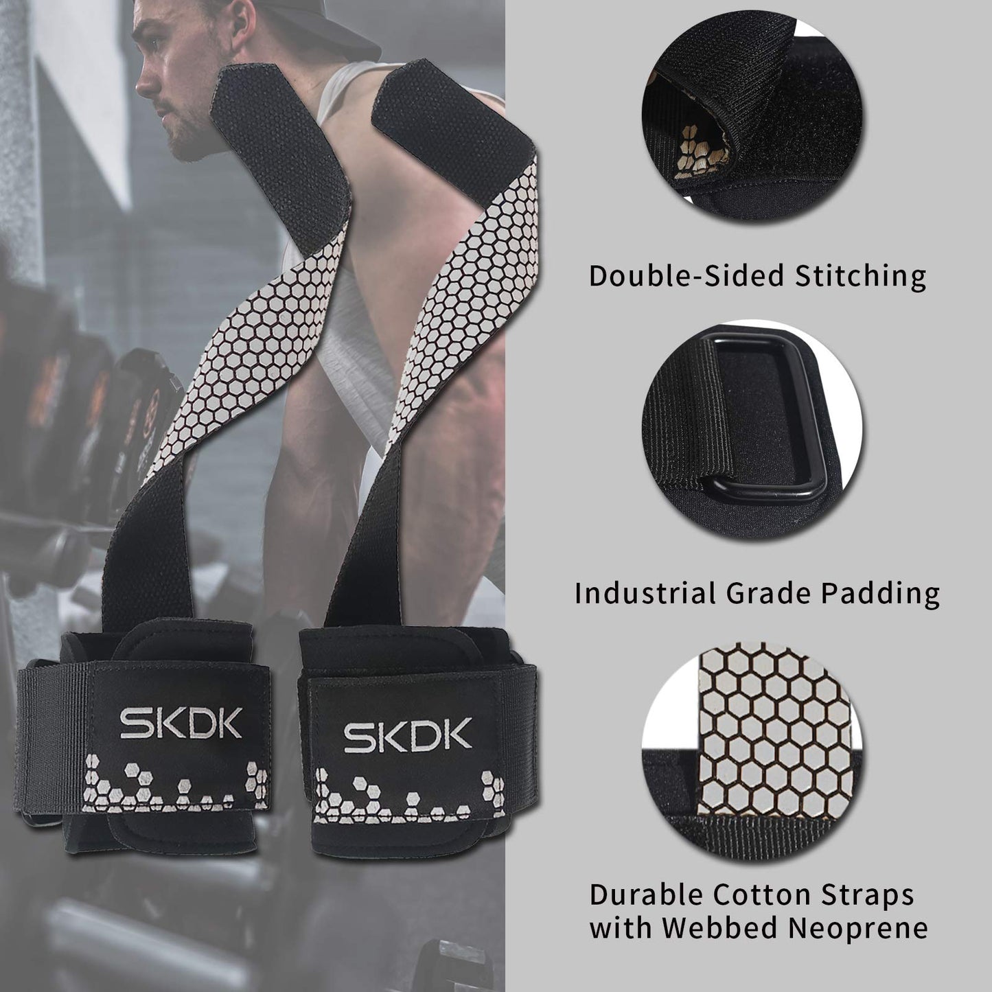 SKDK Strong Cotton Power Lifting Straps Wrist Grips-Deadlift Straps with Neoprene Wrist Padded and Anti-Skid Silicone-for Weightlifting Bodybuilding, Strength Training Pull UP(Pair) (Gray)