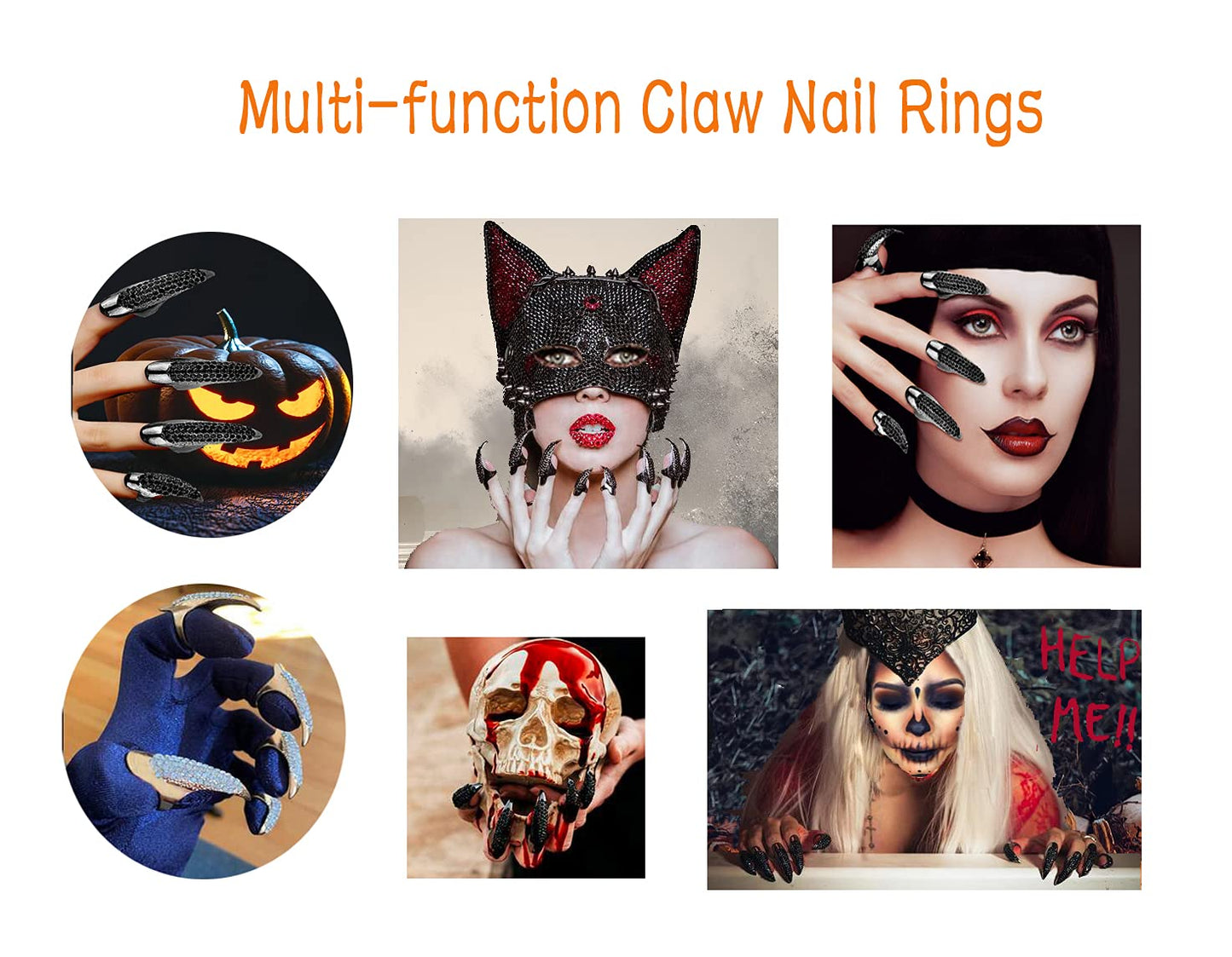 10 Pcs Halloween Costume Claws Fake Nails Ring Set, Bestga Gothic Punk 3 Sizes Crystal Full Finger Rings Paved Paw Bend Fingertip Fingernail Claw Girls Women Men Ring False Easy Long Nails (Black)