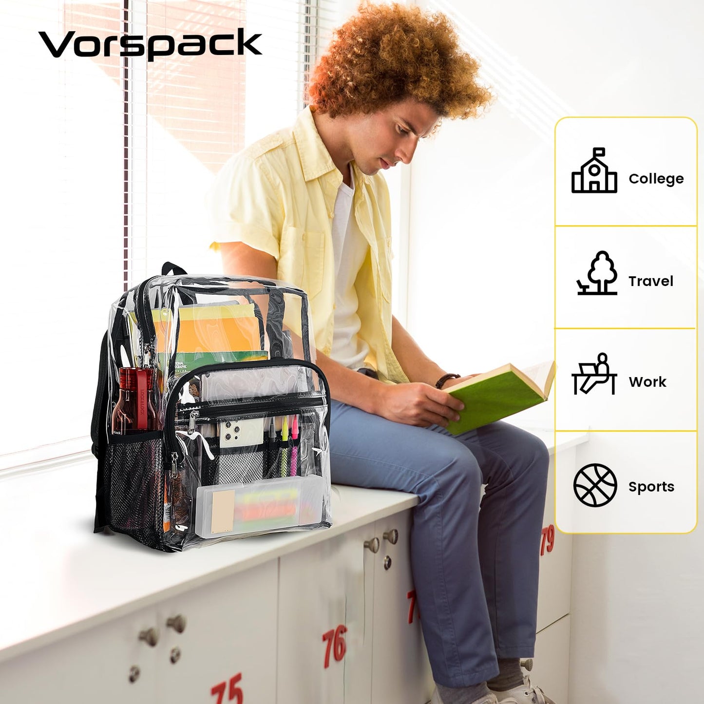 Vorspack Clear Backpack Heavy Duty - Clear Bookbag Large See Through Backpack Plastic Transparent Backpacks for College Work Travel - Black