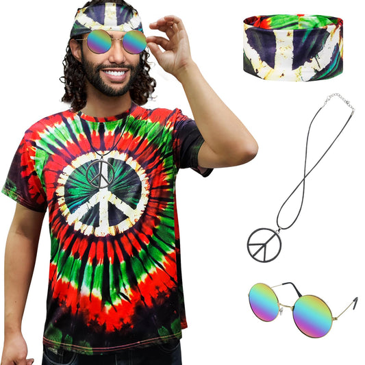 XonyiCos Hippie Costume for Men Women 60s and 70s colorful T-shirt sunglasses headband Peace necklace 4-piece theme party (Peace Red Black 4-piece Set, X-Large)