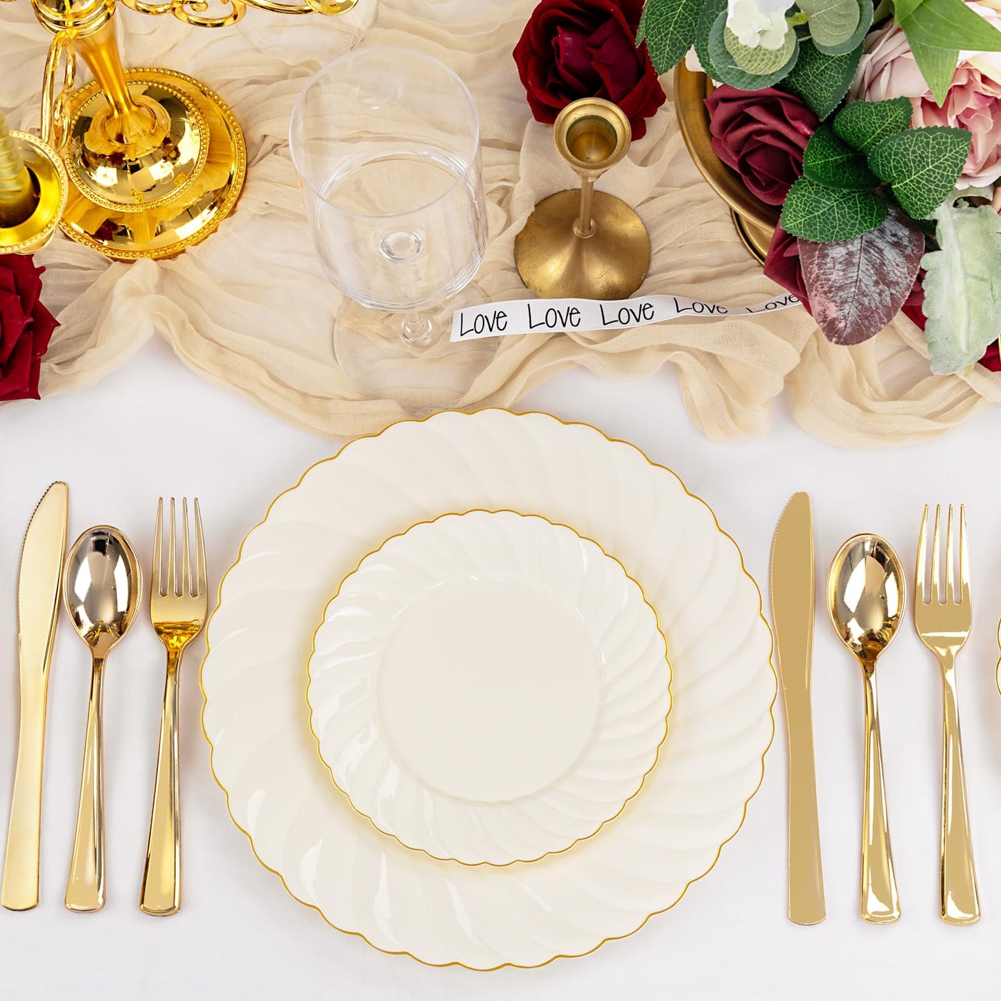 YOUBET 125PCS Scalloped Plastic Plates - Ivory Scalloped Disposable Plates - Gold Plastic Dinnerware Set Include 50 Plates, 75 Gold Silverware for Party & Wedding