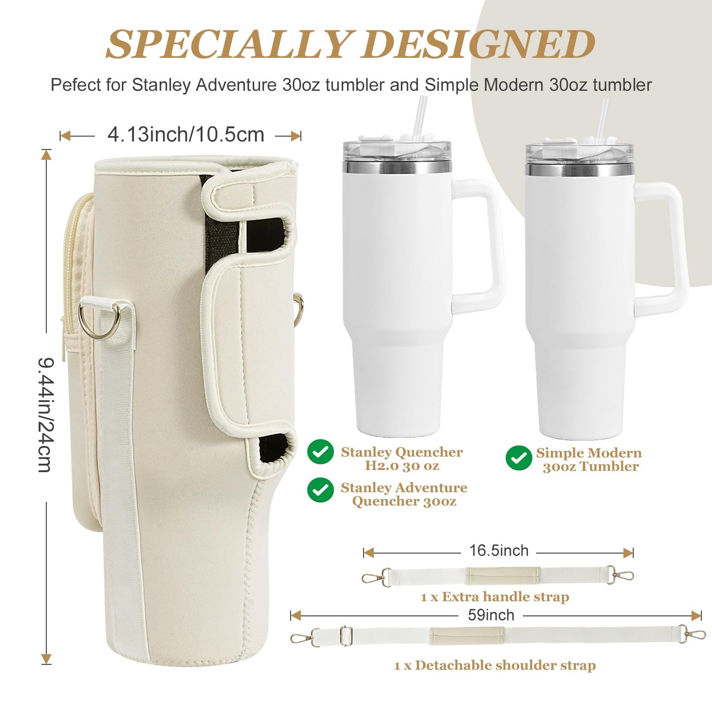 Water Bottle Holder with Strap Pouch and Handle fits for Stanley 30 oz Tumbler, Water Bottle Carrier Bag with 4.9FT Strap, Bottle Pouch for Stanley Cup Accessories