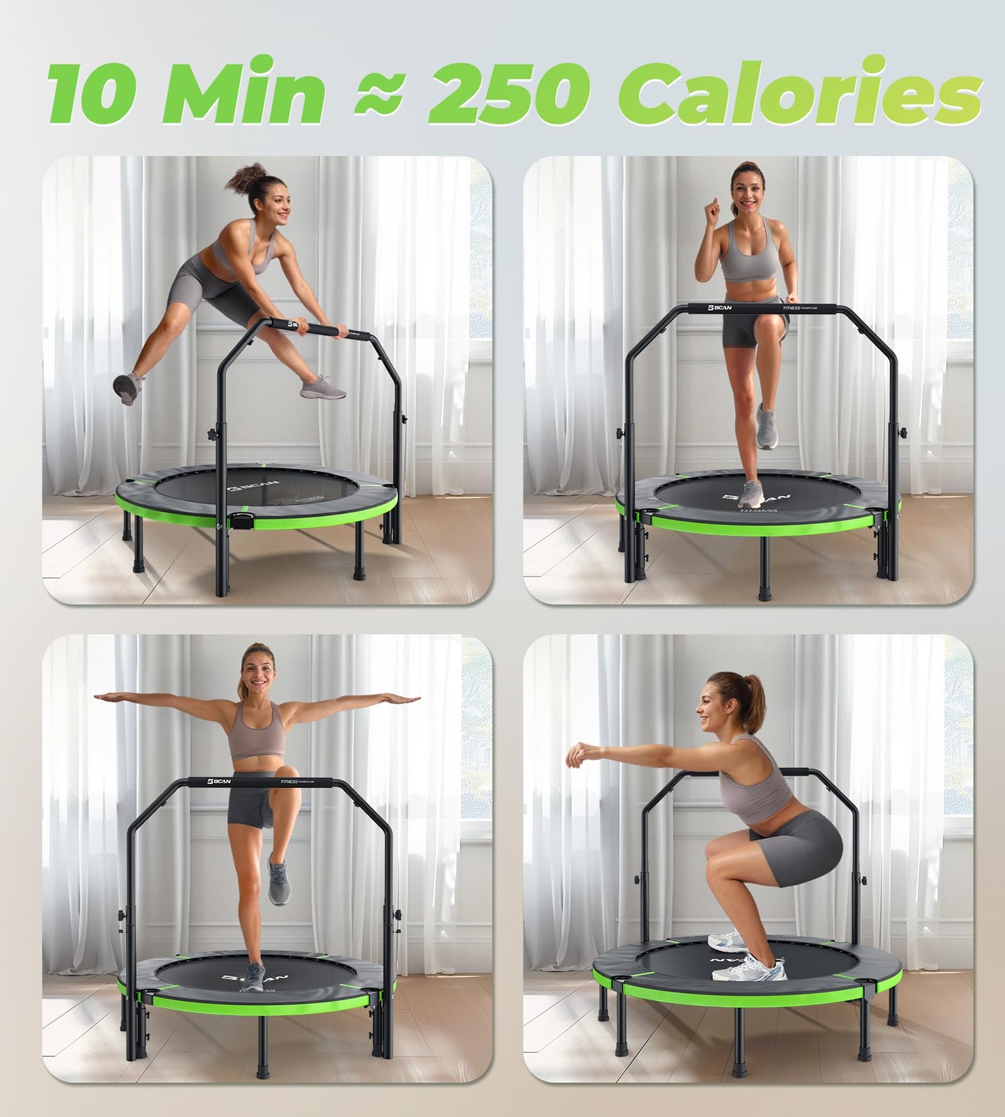 BCAN 40"/48" Foldable Mini Trampoline, Rebounder Trampoline for Adults, U/T Shape Adjustable Foam Handle, Exercise Rebounder for Kids Adults Indoor/Garden Workout, Max Load 330lbs/440lbs