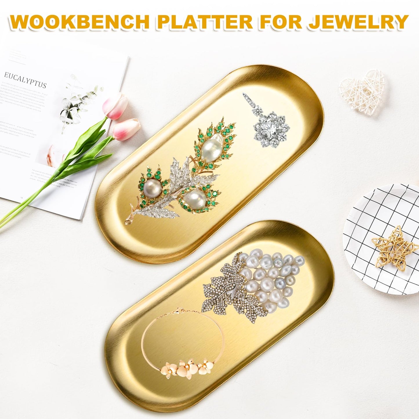 AKOLAFE 4PCS Stainless Steel Serving Tray Set Gold Platters for Serving Food Party Large Metal Trays Decorative 12" Long Plate Oval Storage Trays Thickened Serving Dishes for Entertaining Sushi Snack