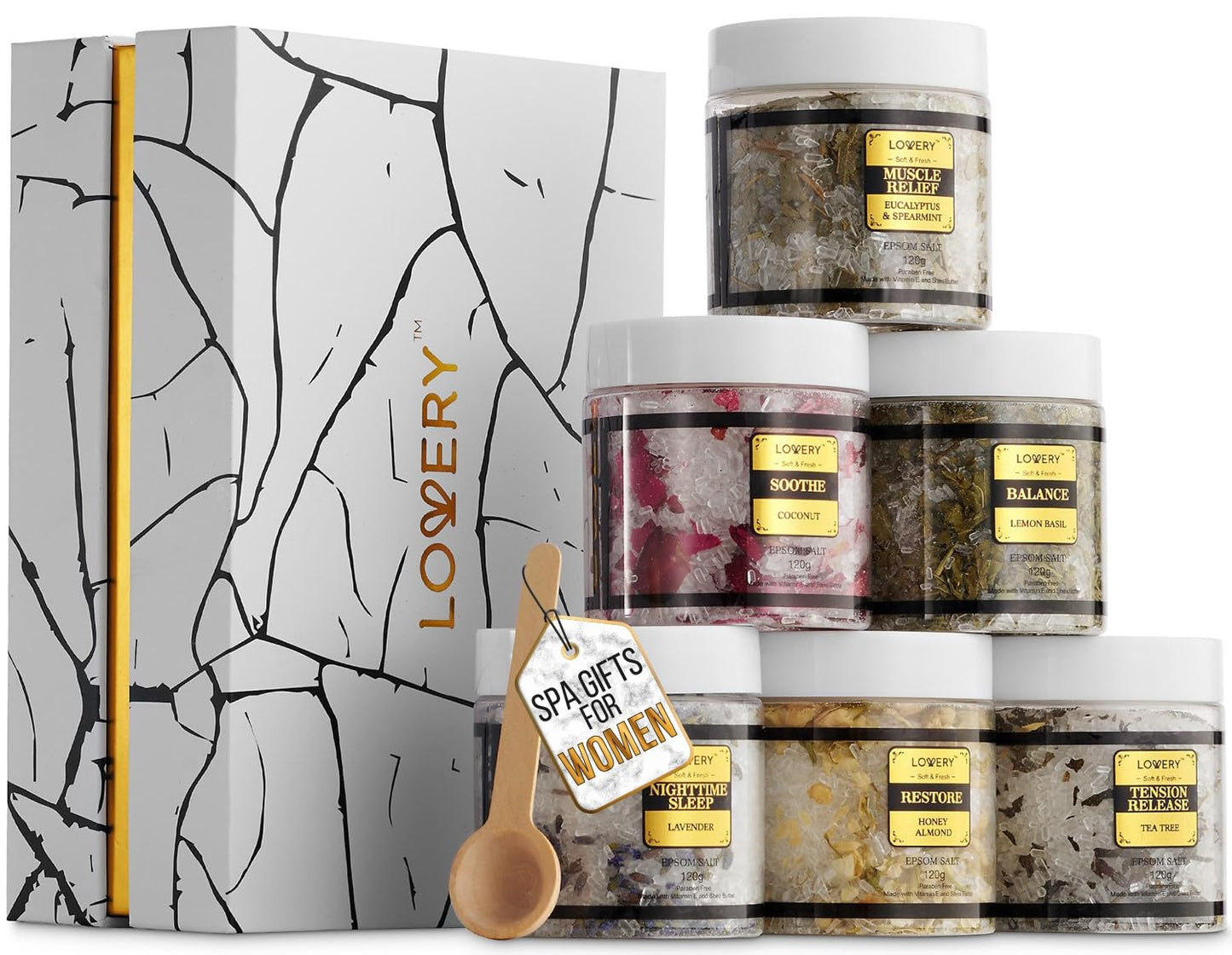 Spa Gifts for Women, Epsom Bath Salts Gift Basket Set, Relaxing Self Care Salt with Essential Oils, Gifts for Mom, Wife - Lavender, Eucalyptus, Lemon Basil, Coconut, Tea Tree, Honey Almond